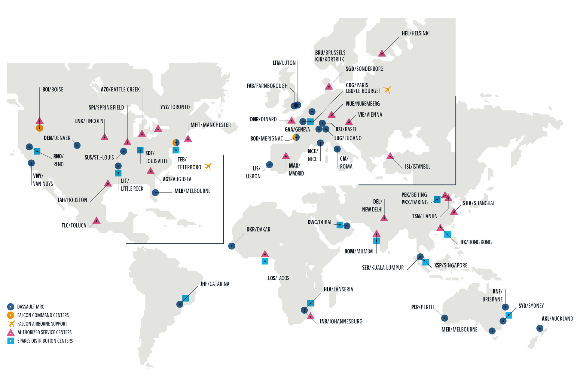 This image presents the Dassault Falcon service network worldwide. Click on the link "Service Network" below to learn more.