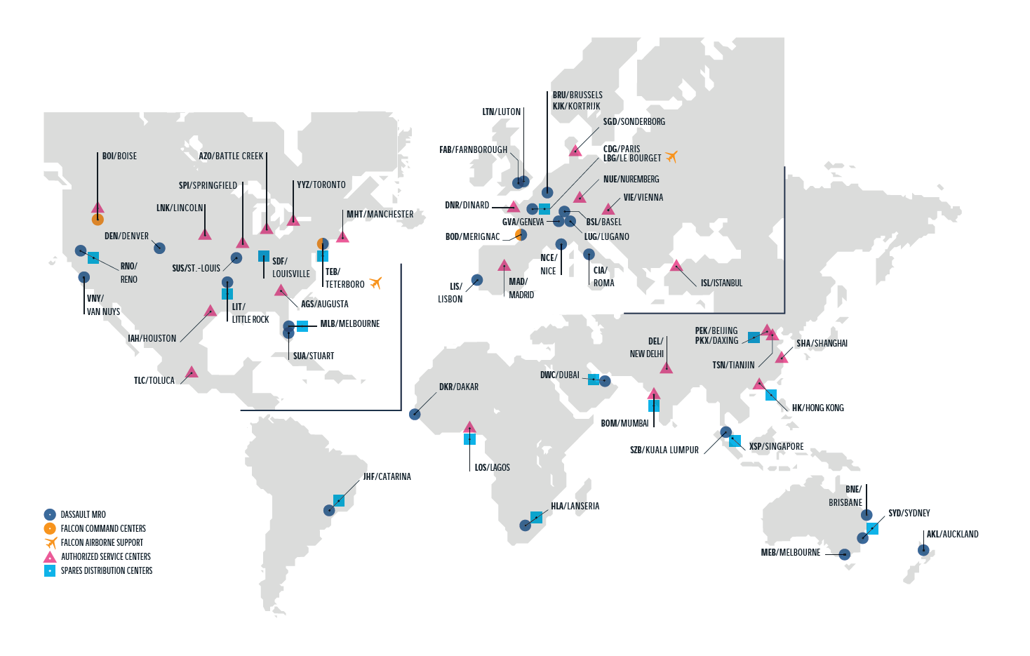 This image presents the Dassault Falcon service network worldwide. Click on the link "Service Network" below to learn more.